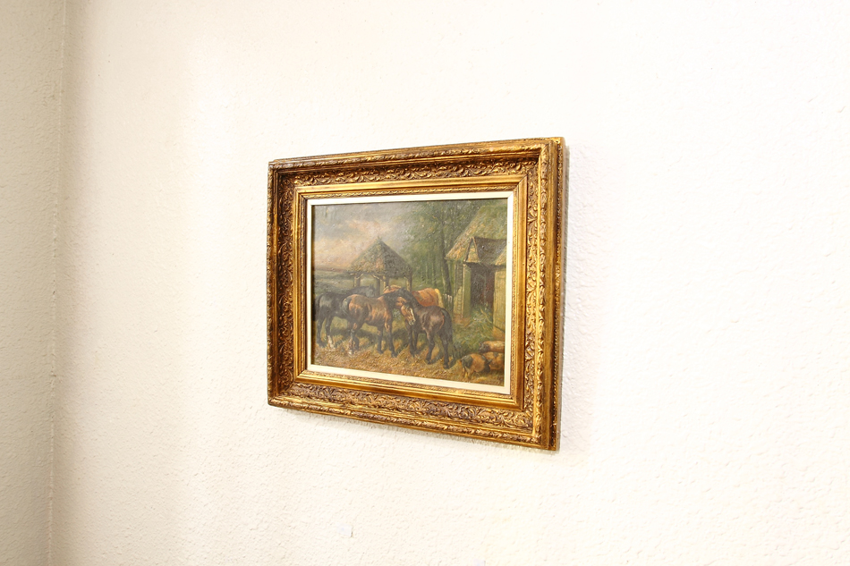 Horses in a Farmyard with Pigs/ Oil painting