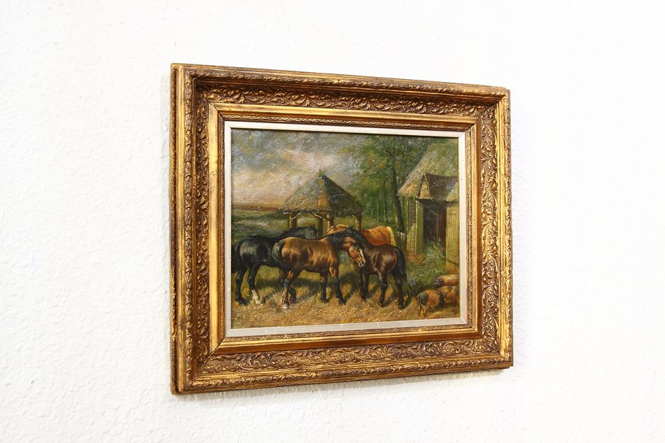 Horses in a Farmyard with Pigs/ Oil painting