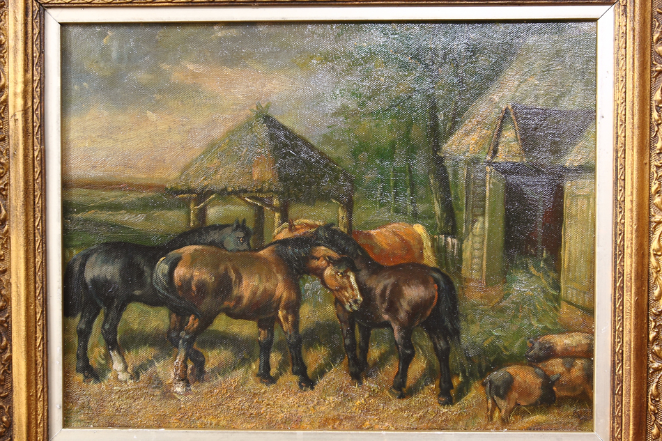 Horses in a Farmyard with Pigs/ Oil painting