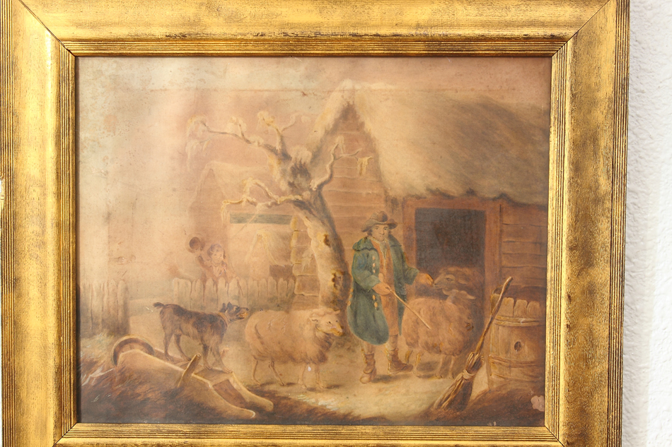 Farmer with sheep / Water Colour