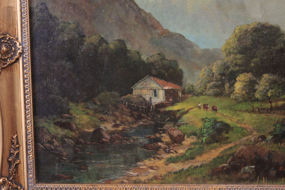 A cottage beside a mountain stream/ Oil painting