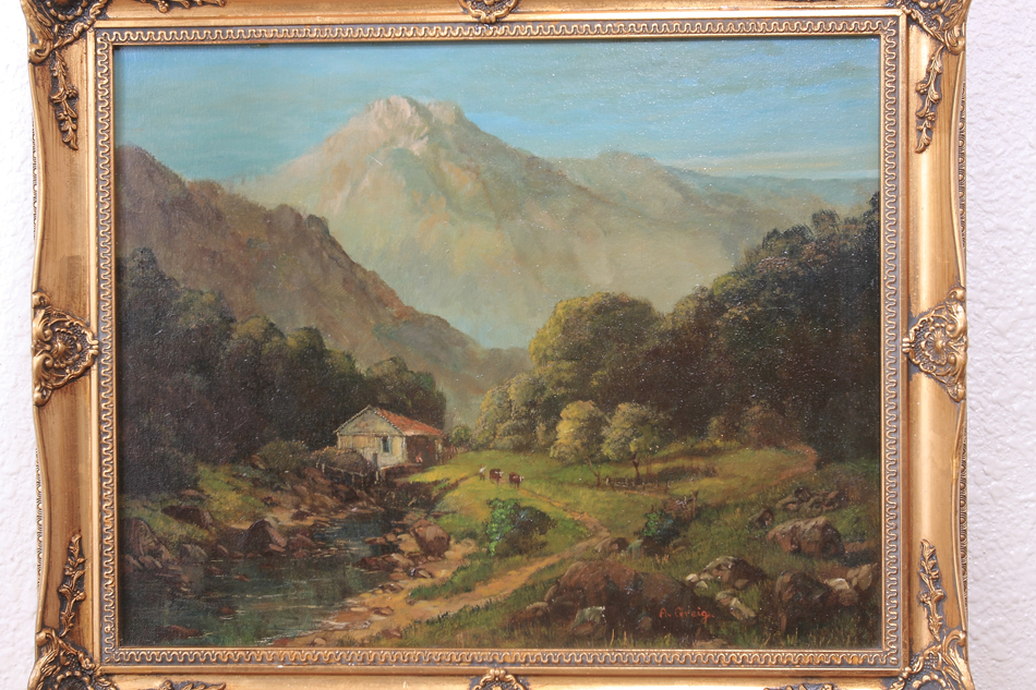 A cottage beside a mountain stream/ Oil painting