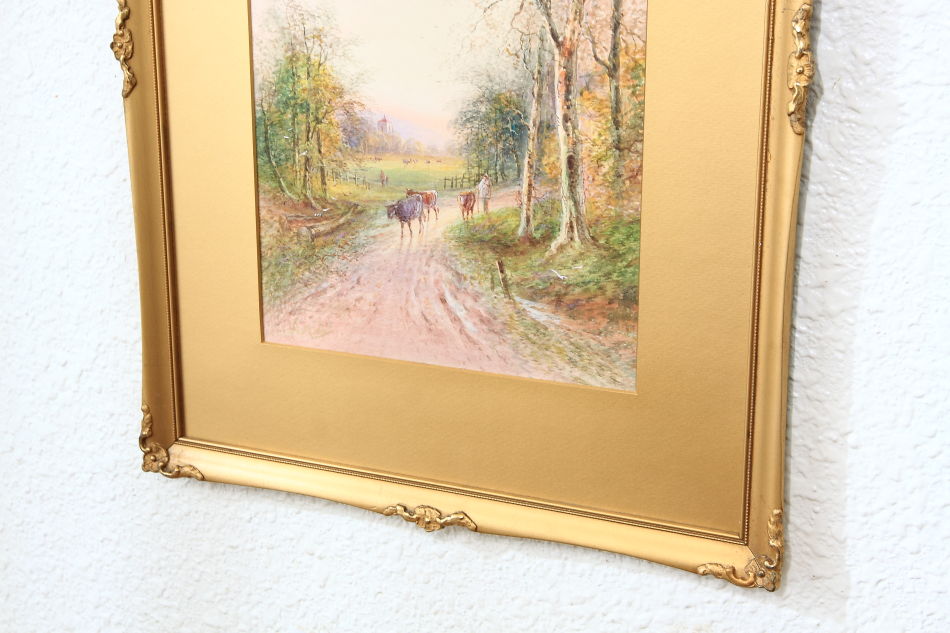 FARMER WITH CATTLE ON A COUNTRY LANE  / Watercolor