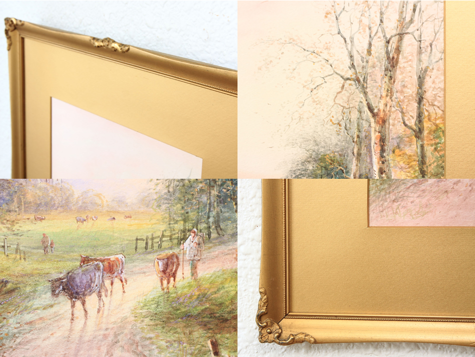 FARMER WITH CATTLE ON A COUNTRY LANE  / Watercolor