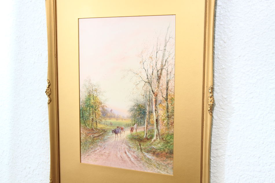 FARMER WITH CATTLE ON A COUNTRY LANE  / Watercolor