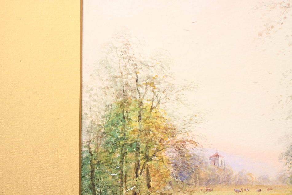 FARMER WITH CATTLE ON A COUNTRY LANE  / Watercolor