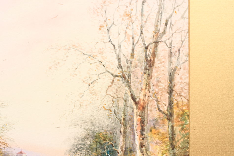 FARMER WITH CATTLE ON A COUNTRY LANE  / Watercolor