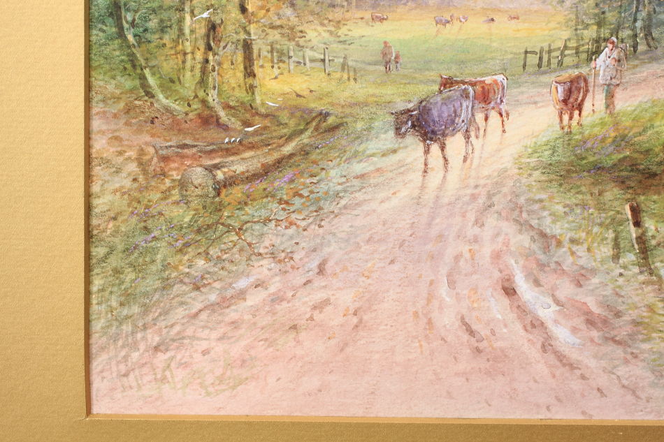 FARMER WITH CATTLE ON A COUNTRY LANE  / Watercolor