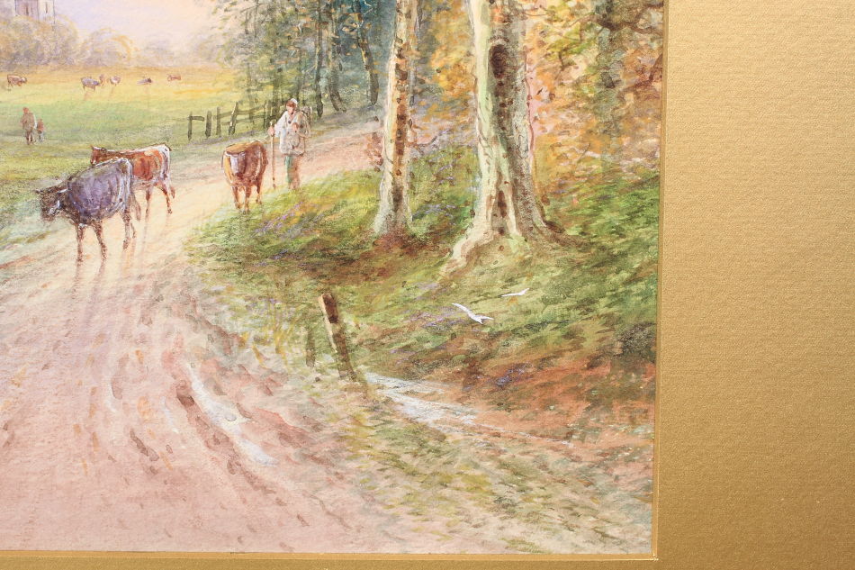 FARMER WITH CATTLE ON A COUNTRY LANE  / Watercolor