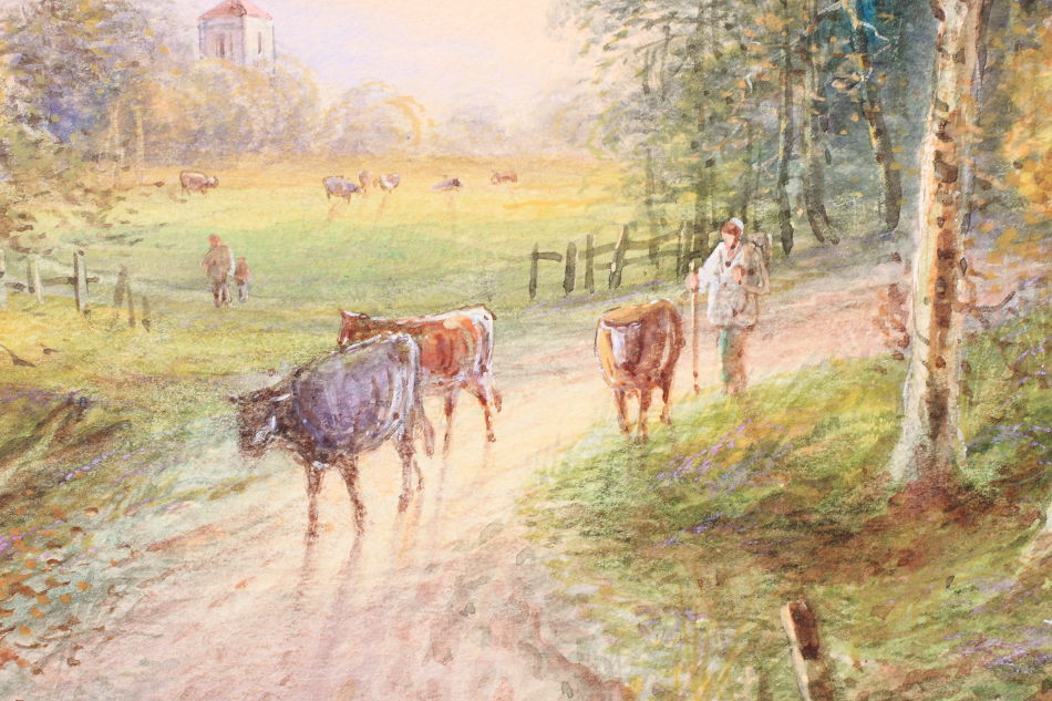 FARMER WITH CATTLE ON A COUNTRY LANE  / Watercolor