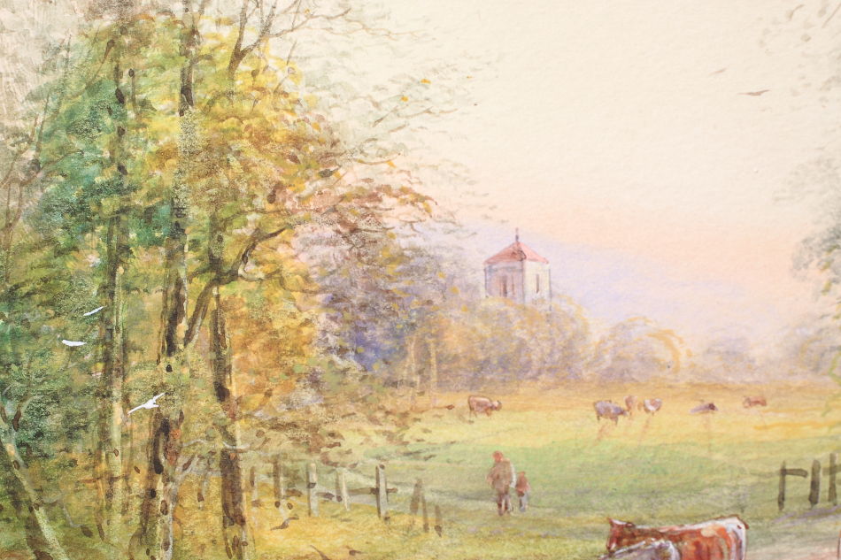 FARMER WITH CATTLE ON A COUNTRY LANE  / Watercolor