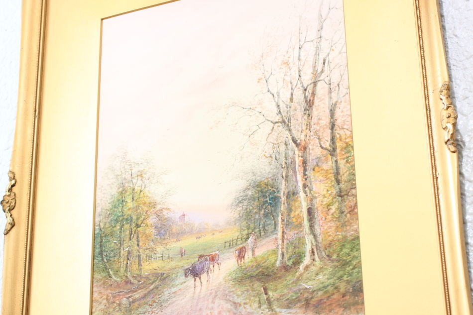 FARMER WITH CATTLE ON A COUNTRY LANE  / Watercolor