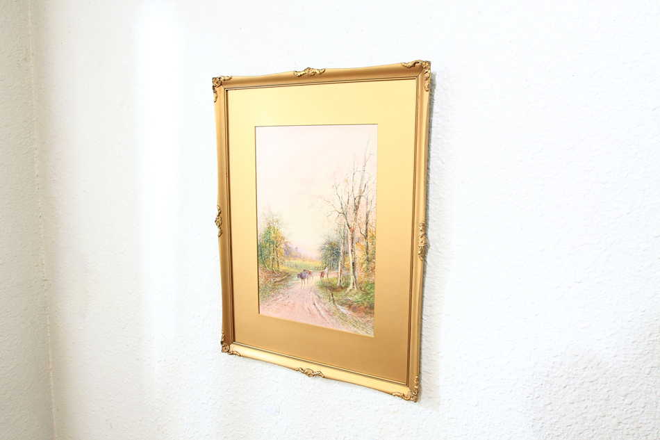 FARMER WITH CATTLE ON A COUNTRY LANE  / Watercolor