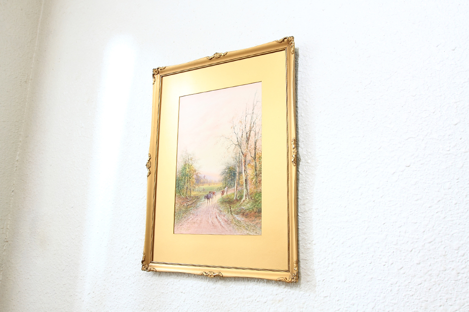 FARMER WITH CATTLE ON A COUNTRY LANE  / Watercolor