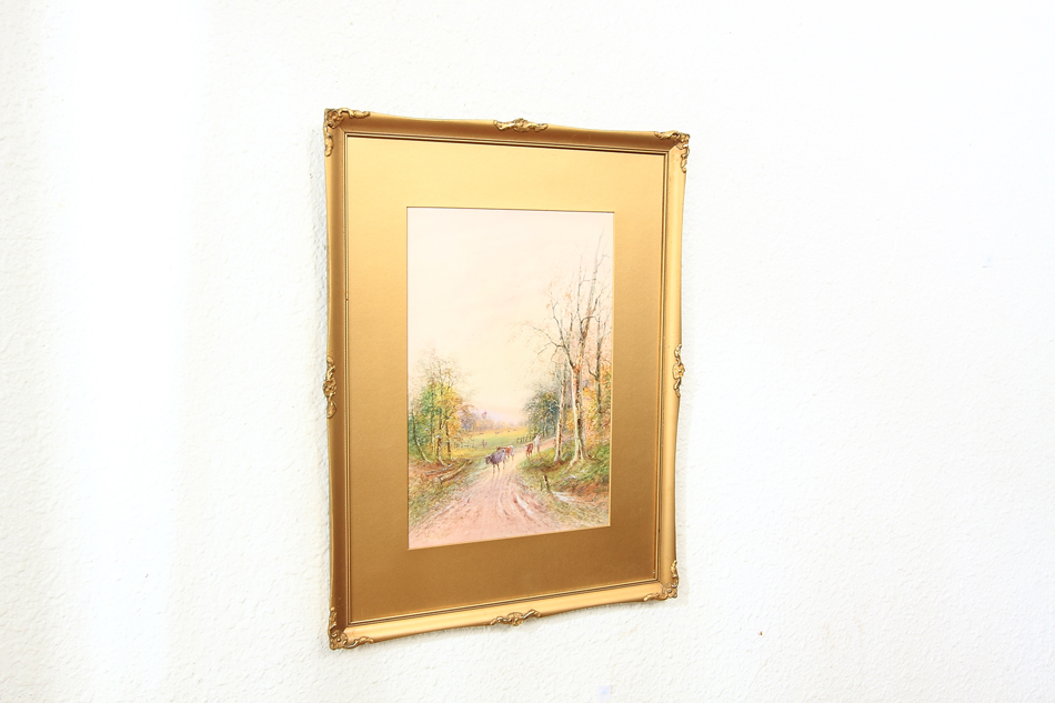FARMER WITH CATTLE ON A COUNTRY LANE  / Watercolor