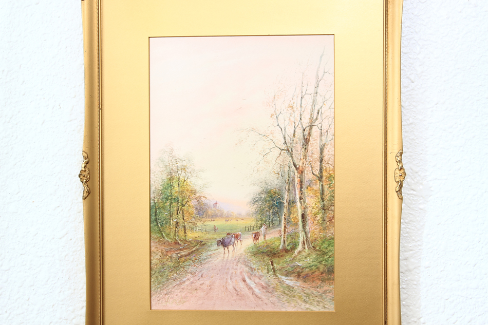 FARMER WITH CATTLE ON A COUNTRY LANE  / Watercolor