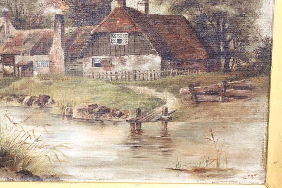 River scene with the old cottage / Oil Painting
