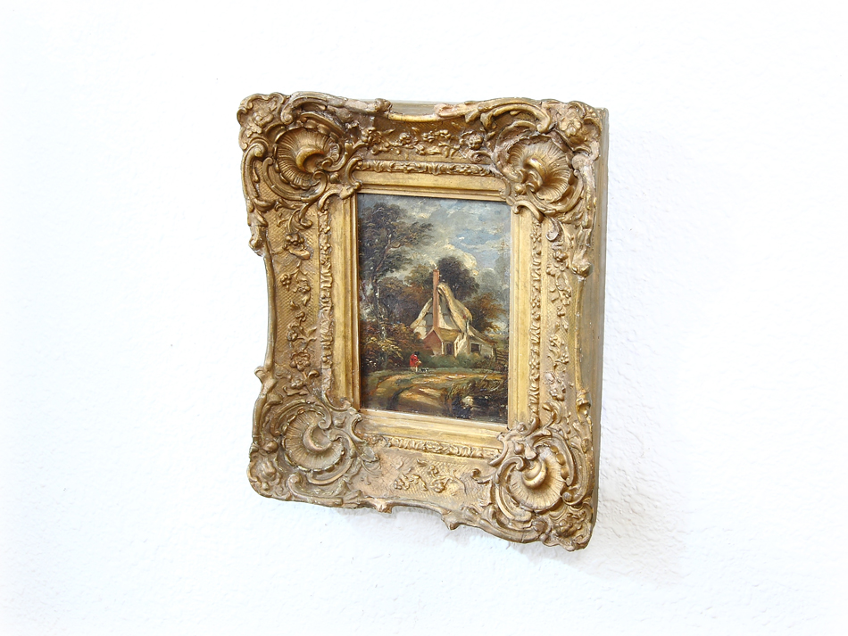 Figure with dog outside of a cottage /Oil Painting