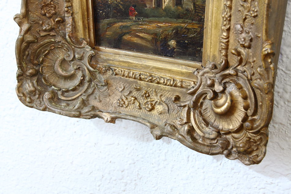 Figure with dog outside of a cottage /Oil Painting