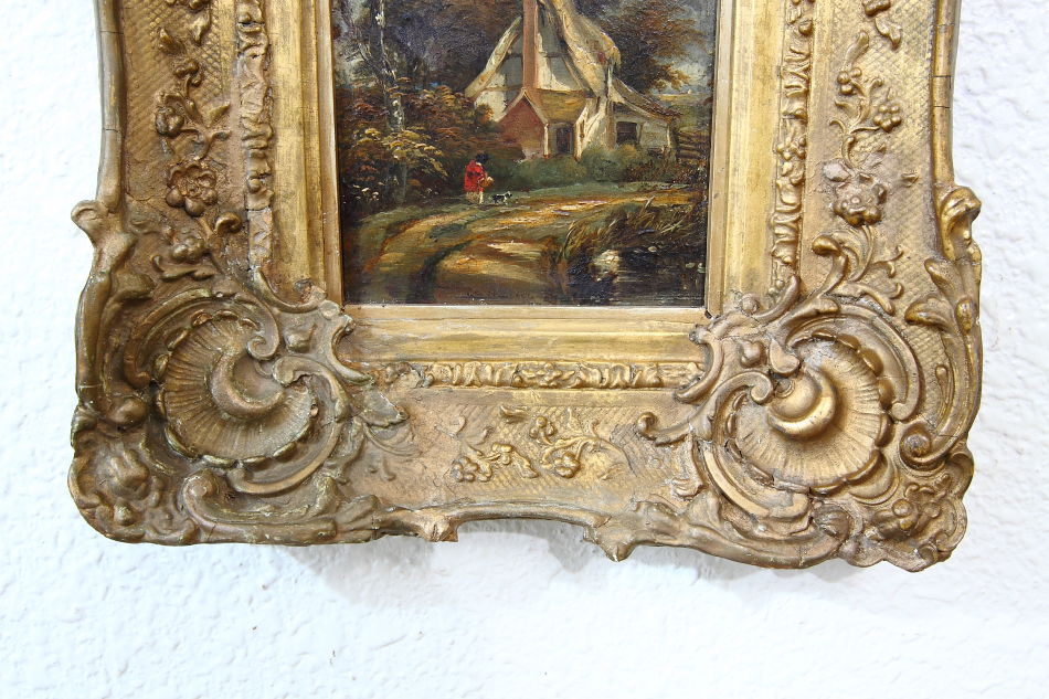 Figure with dog outside of a cottage /Oil Painting