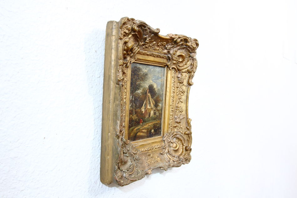 Figure with dog outside of a cottage /Oil Painting