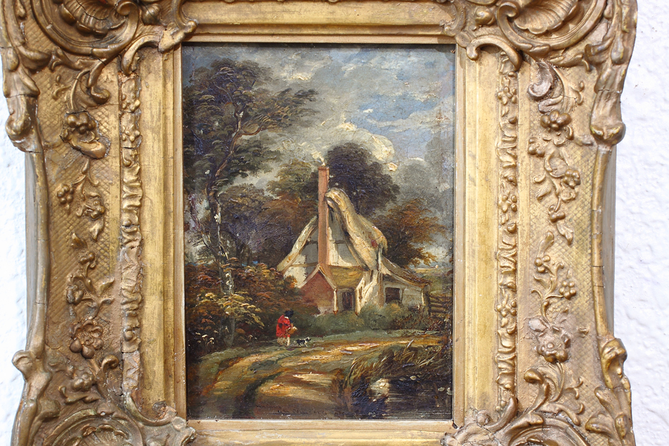 Figure with dog outside of a cottage /Oil Painting