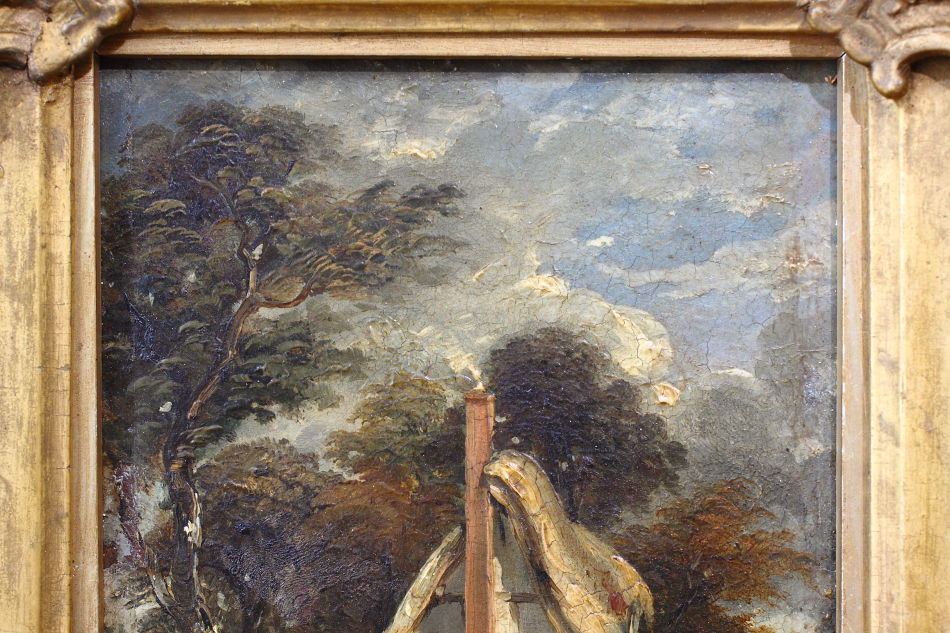 Figure with dog outside of a cottage /Oil Painting
