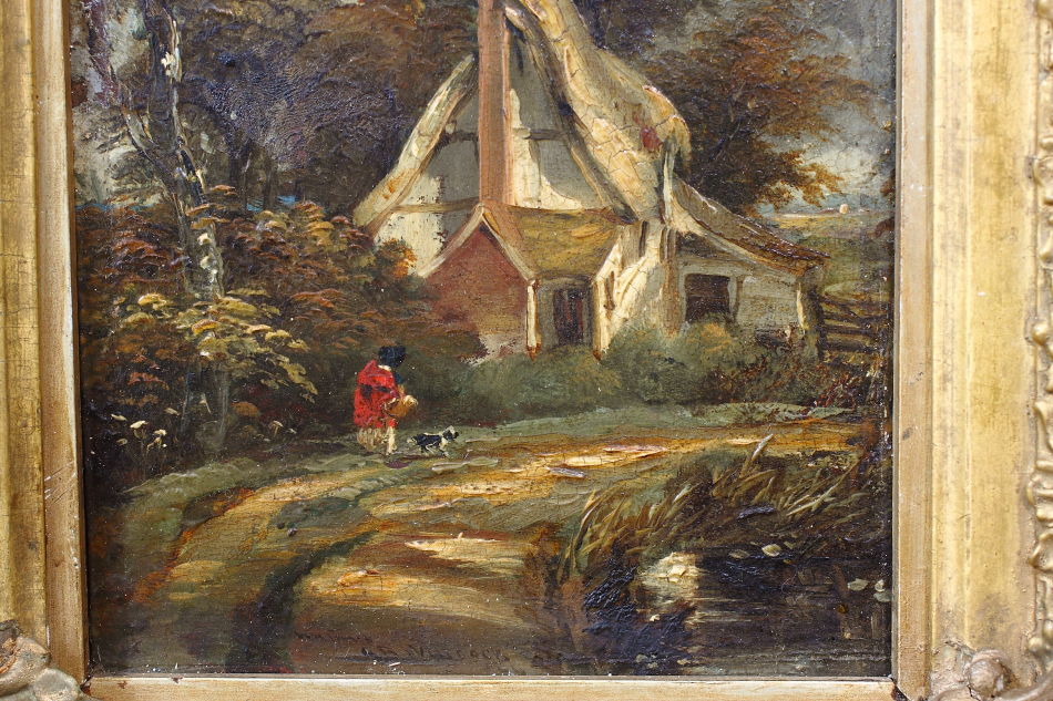 Figure with dog outside of a cottage /Oil Painting