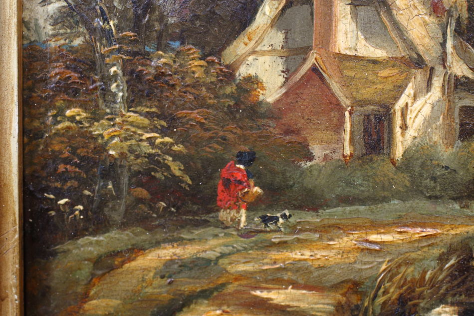 Figure with dog outside of a cottage /Oil Painting