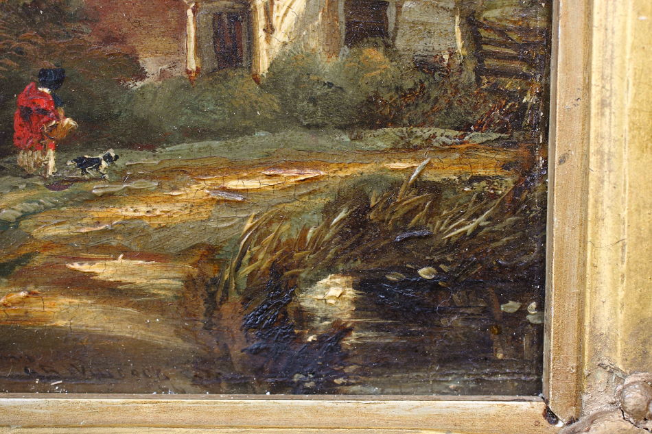 Figure with dog outside of a cottage /Oil Painting