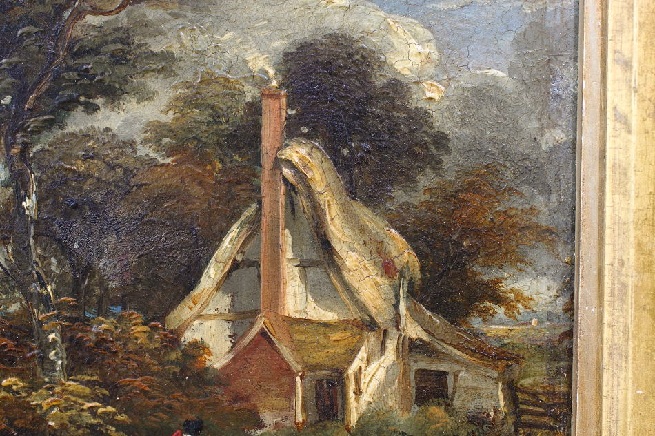 Figure with dog outside of a cottage /Oil Painting