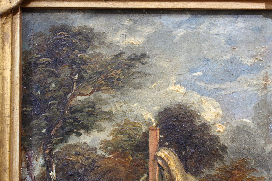Figure with dog outside of a cottage /Oil Painting