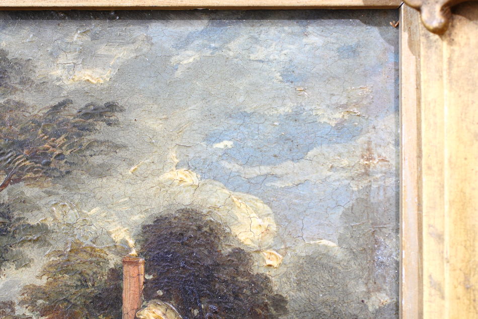 Figure with dog outside of a cottage /Oil Painting