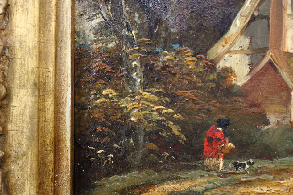 Figure with dog outside of a cottage /Oil Painting