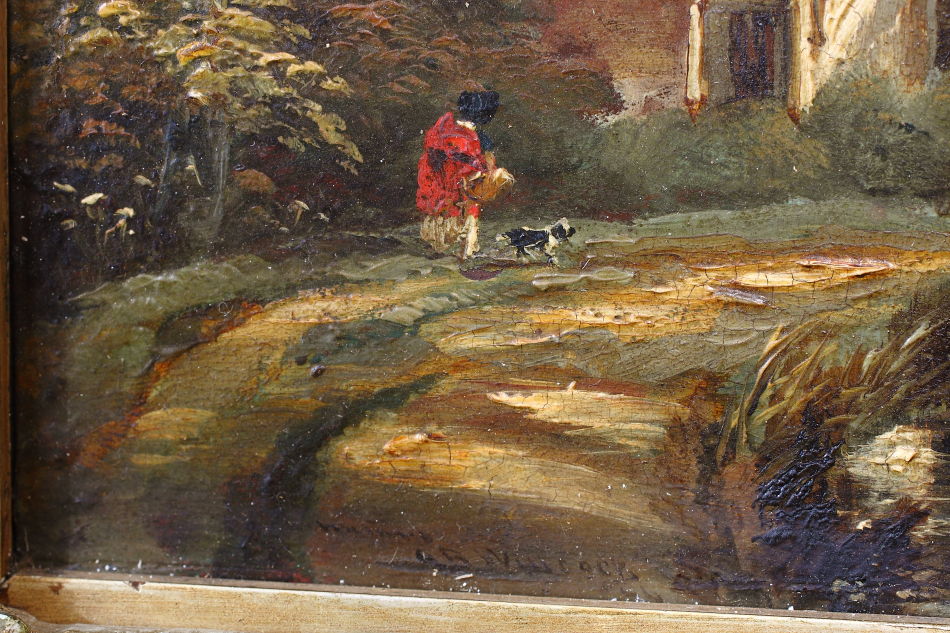 Figure with dog outside of a cottage /Oil Painting