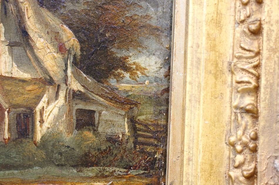 Figure with dog outside of a cottage /Oil Painting