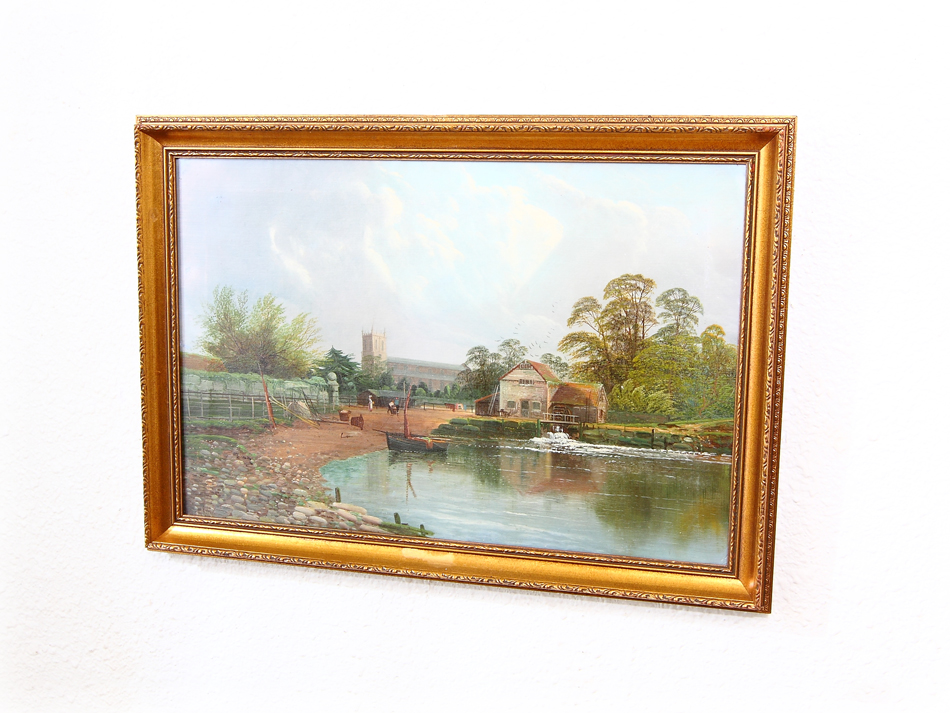 River Landscape with Weir & Boat / Oil Painting