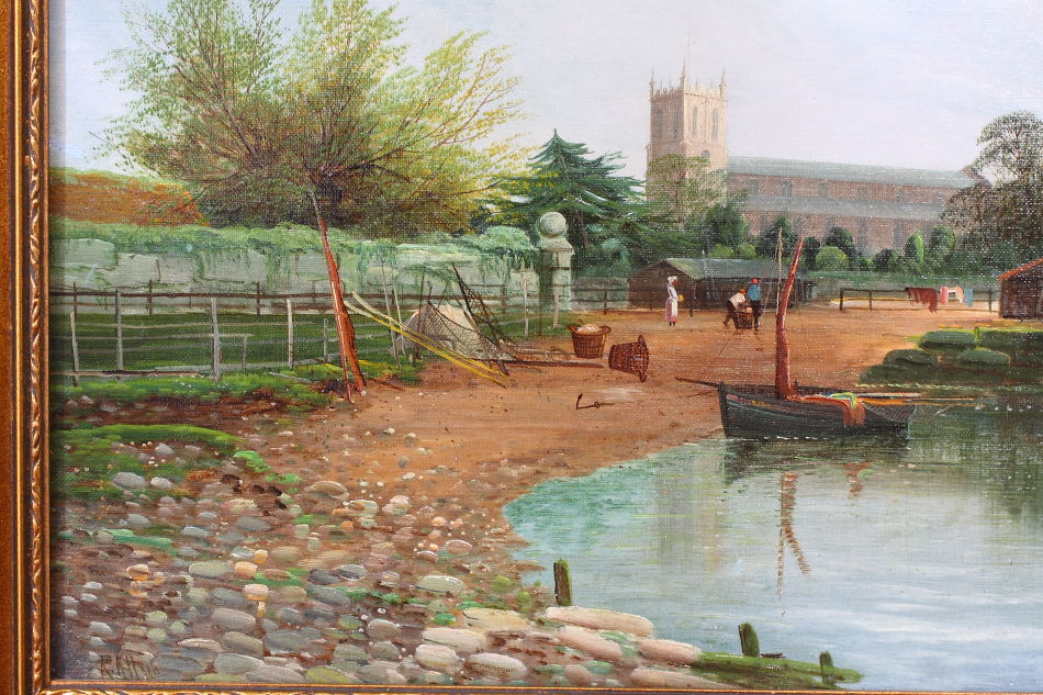 River Landscape with Weir & Boat / Oil Painting