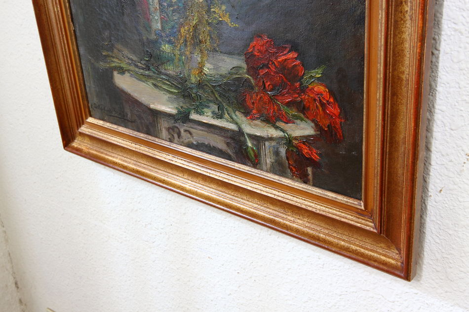 Flowers in a vase on a table / Oil Painting