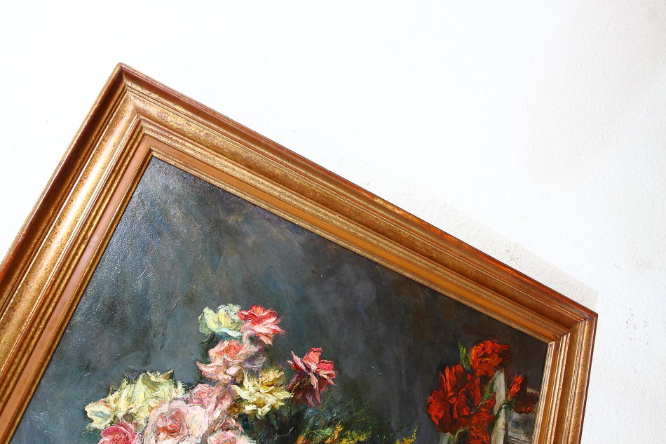 Flowers in a vase on a table / Oil Painting
