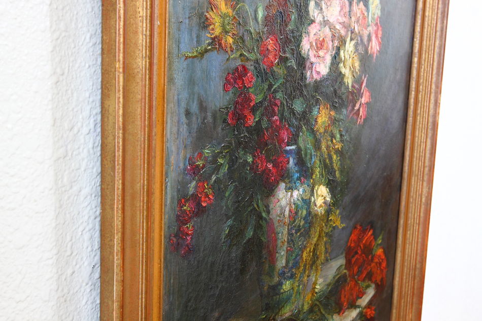 Flowers in a vase on a table / Oil Painting
