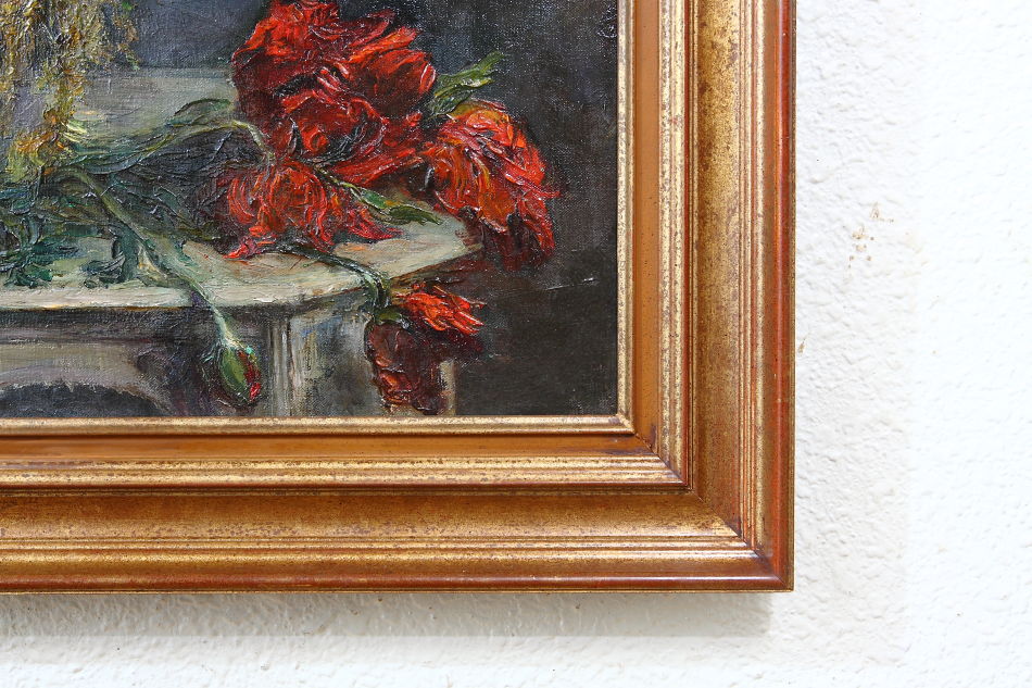 Flowers in a vase on a table / Oil Painting