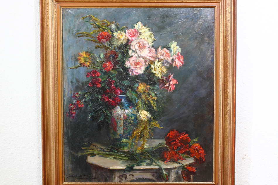 Flowers in a vase on a table / Oil Painting