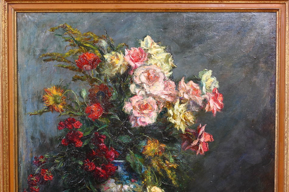 Flowers in a vase on a table / Oil Painting