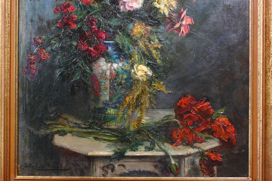 Flowers in a vase on a table / Oil Painting