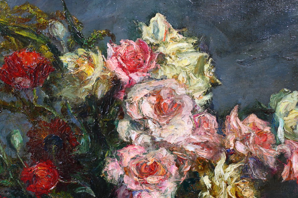 Flowers in a vase on a table / Oil Painting