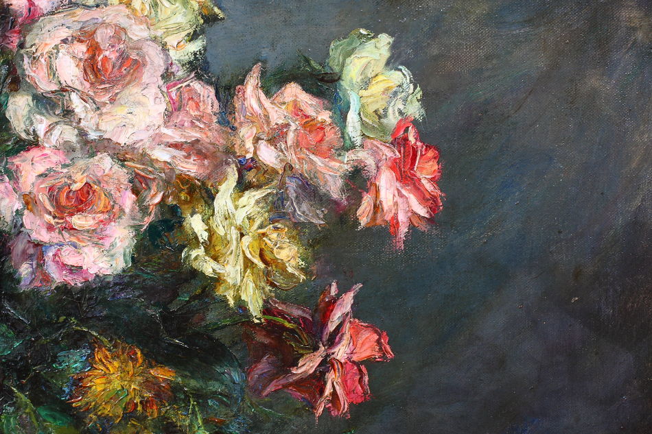 Flowers in a vase on a table / Oil Painting