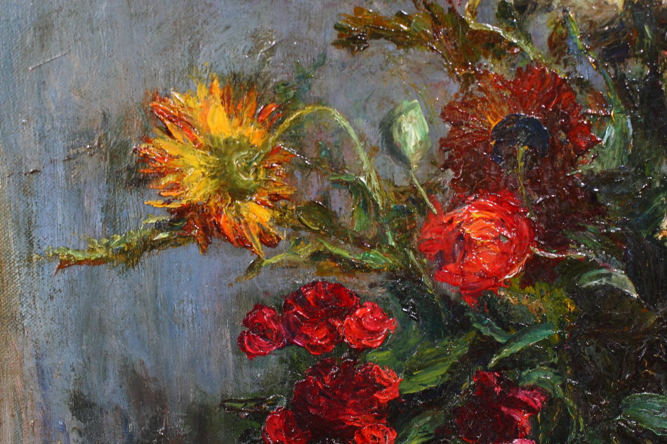 Flowers in a vase on a table / Oil Painting