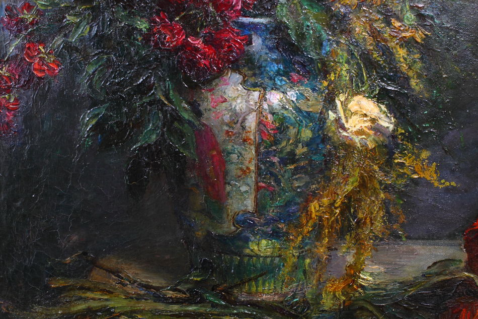 Flowers in a vase on a table / Oil Painting