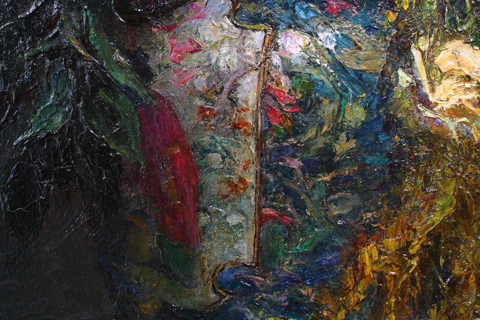 Flowers in a vase on a table / Oil Painting